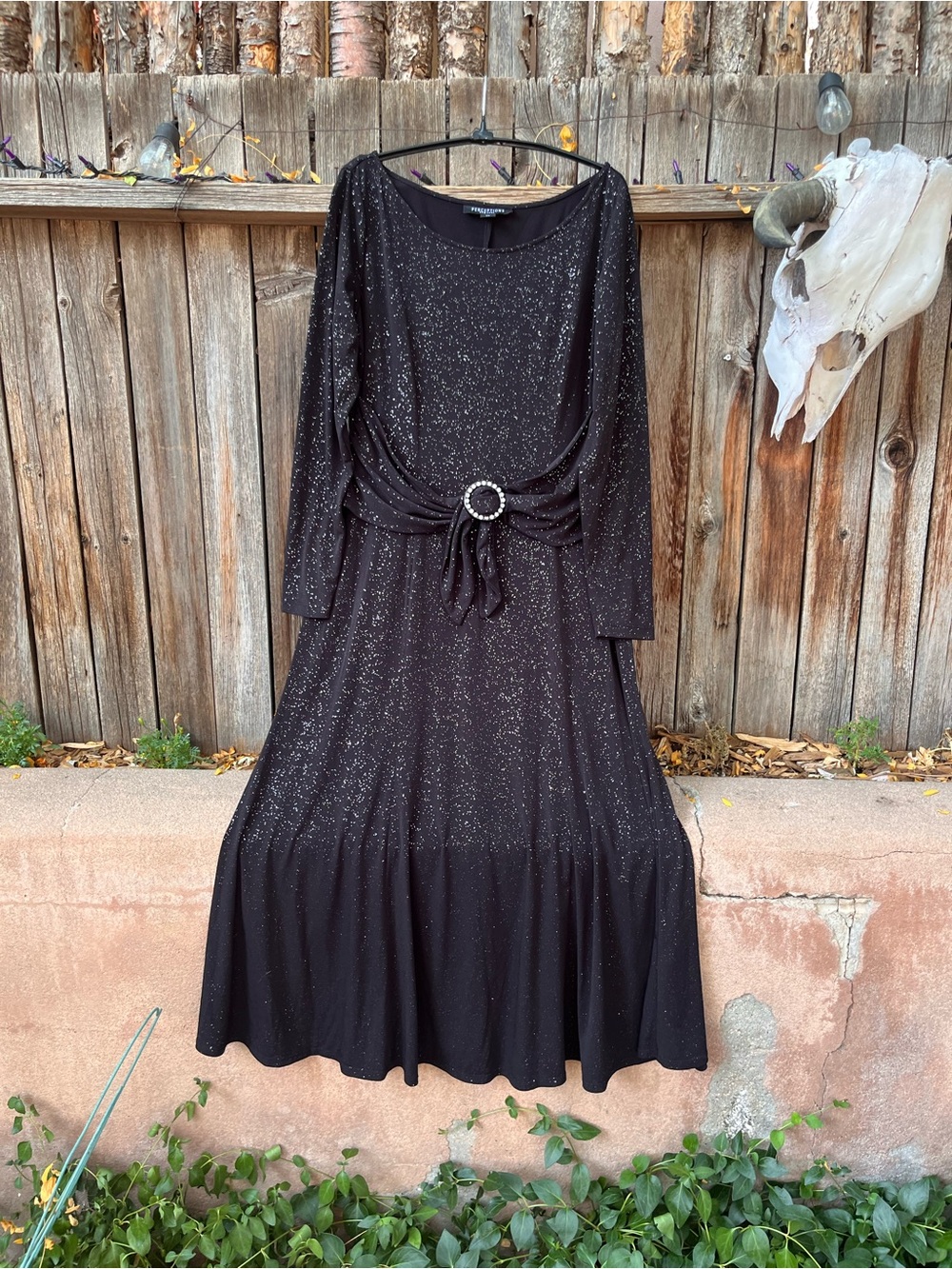 Perceptions Black Long-Sleeve Sparkle Evening Dress with Decorative Buckle